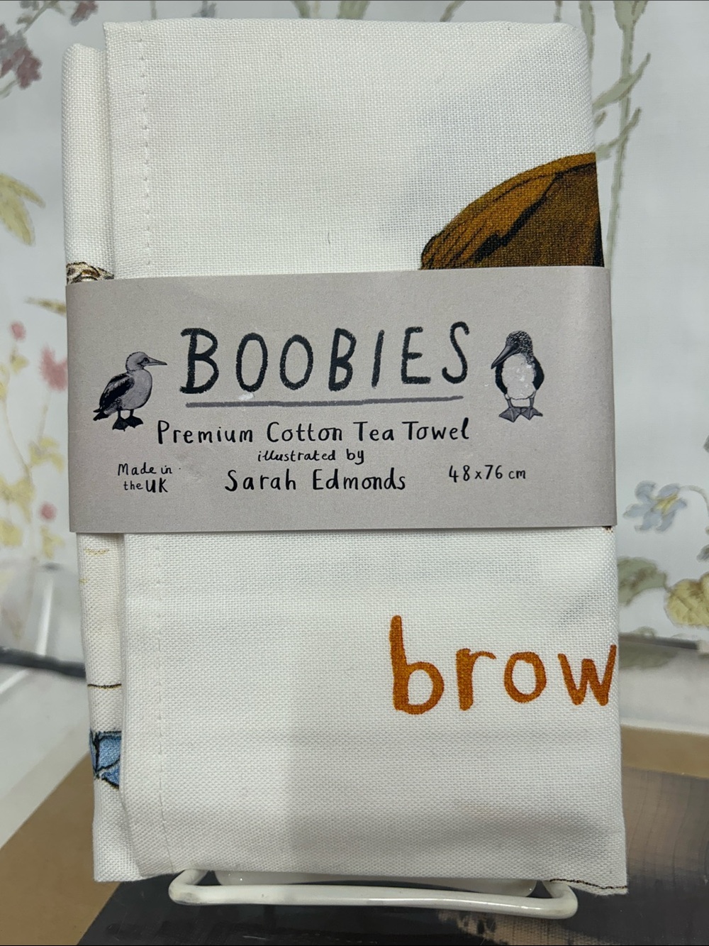 Premium Cotton Tea Towel by Sarah Edmonds - White with Brown Print